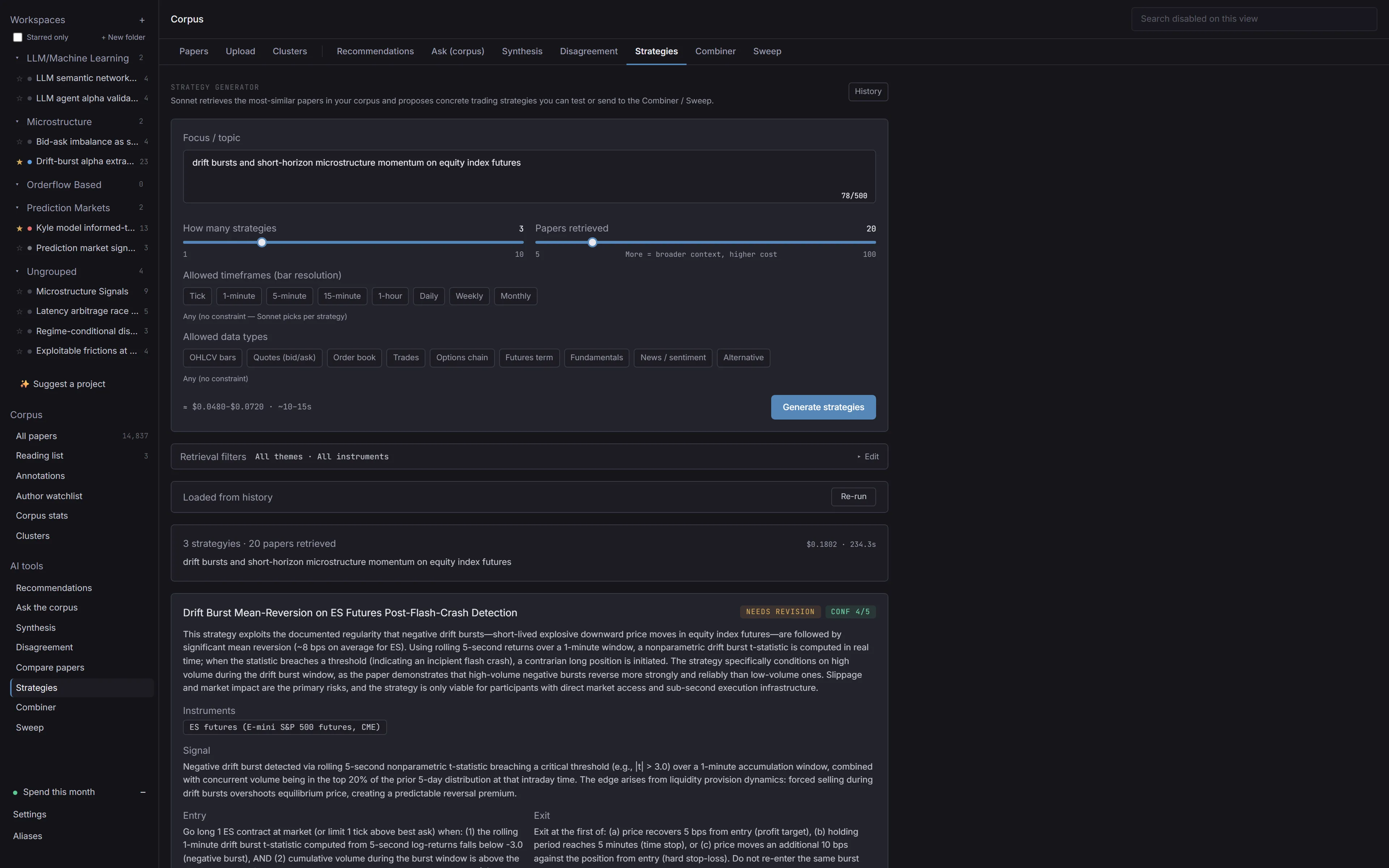Outsample Strategy generator with Devil’s Advocate critique. The full dashboard: three strategy cards, each with categorized adversarial findings and a verdict.