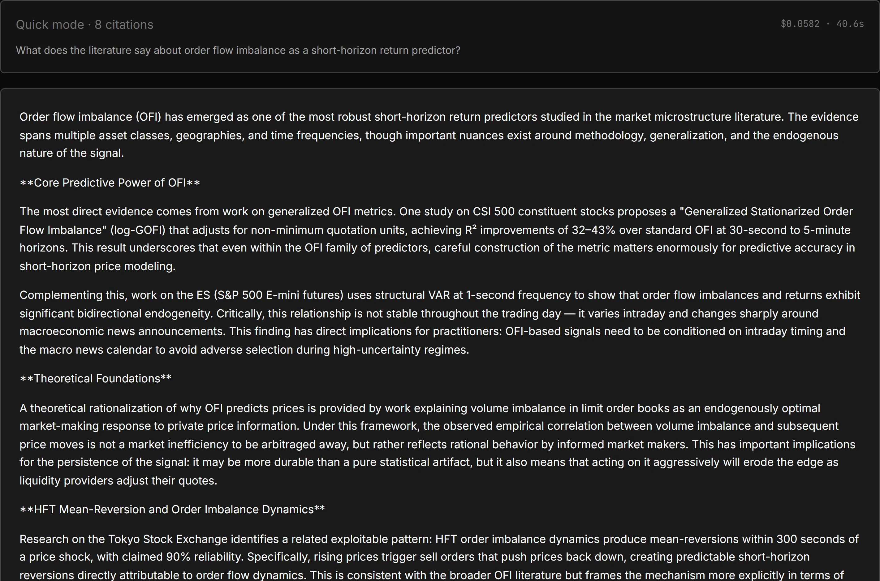 Outsample Ask-the-corpus run: the order-flow-imbalance question answered with cited papers.