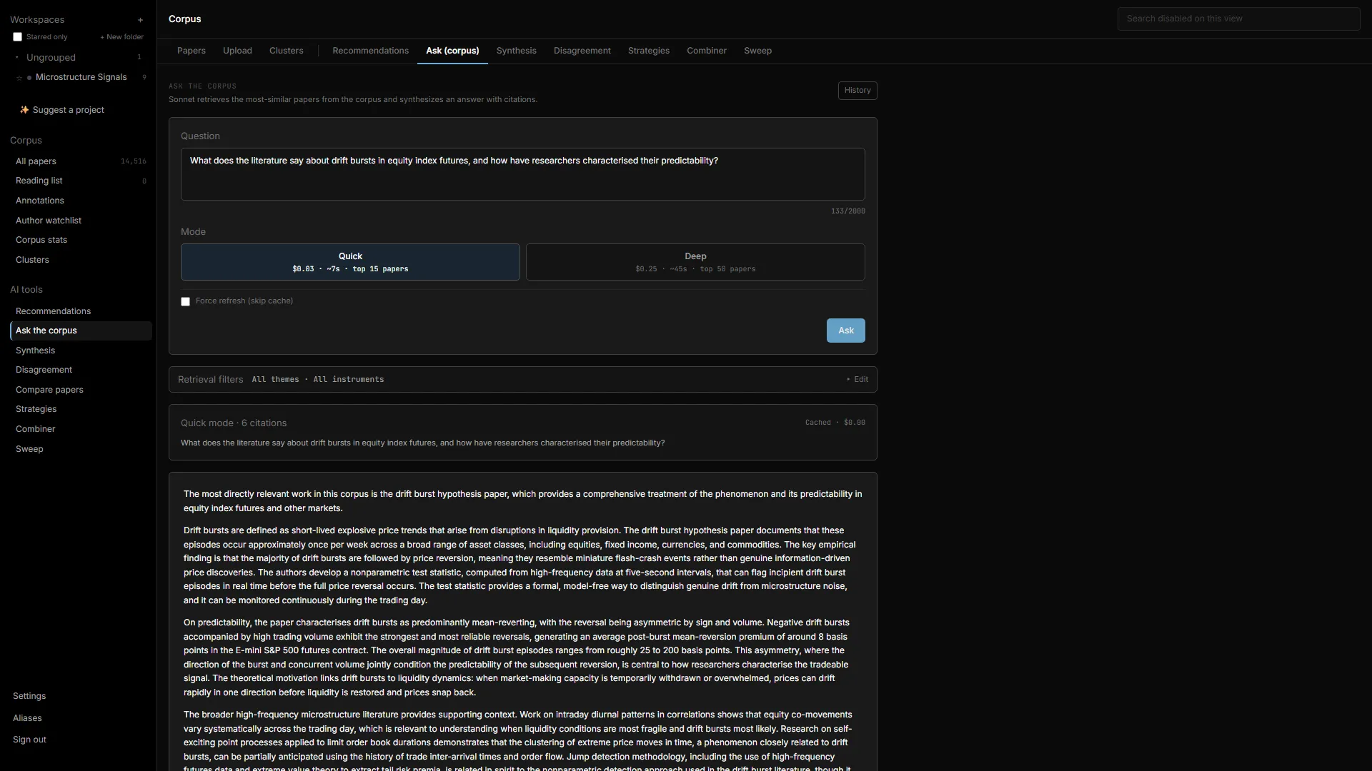 Outsample Ask-the-corpus run. The drift-burst question answered with a multi-paragraph synthesis and 12 paper citations, from a real session on 2026-06-11.