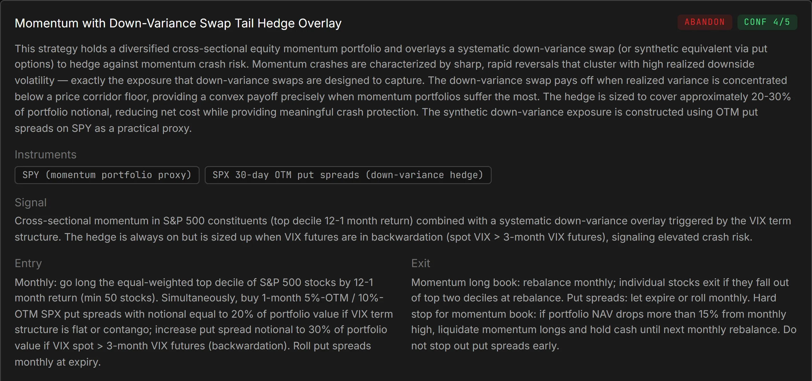 Outsample Strategy Generator: generated strategies with entry and exit rules and a confidence read.